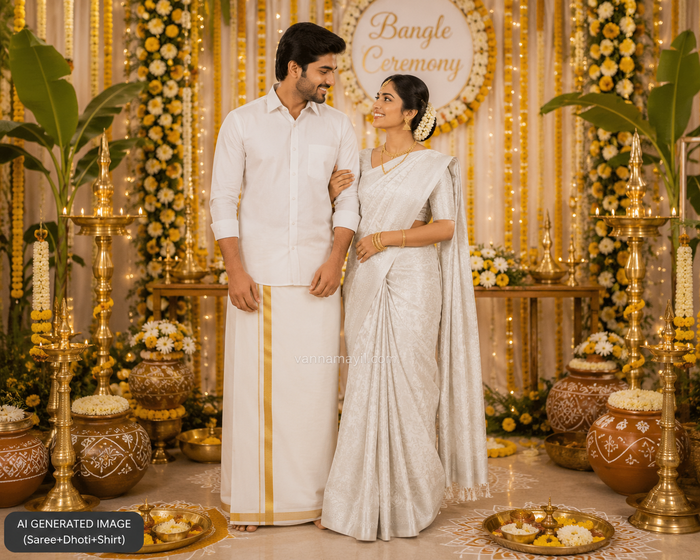 Semi Silk Saree & Cotton Dhoti Shirt - Couple Combo Set