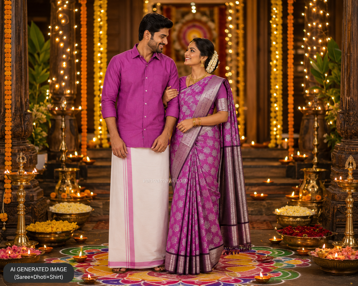 Semi Silk Saree & Cotton Dhoti Shirt - Couple Combo Set