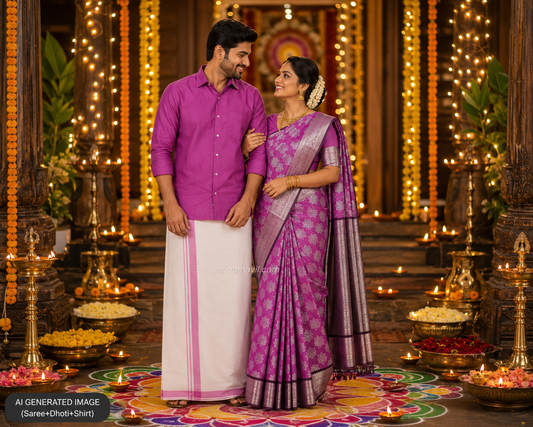 Semi Silk Saree & Cotton Dhoti Shirt - Couple Combo Set