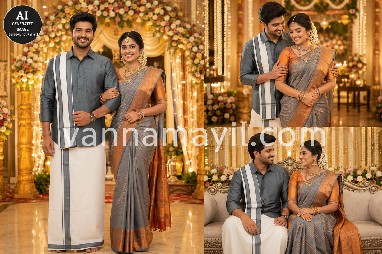Semi Silk Saree & Cotton Dhoti Shirt - Couple Combo Set