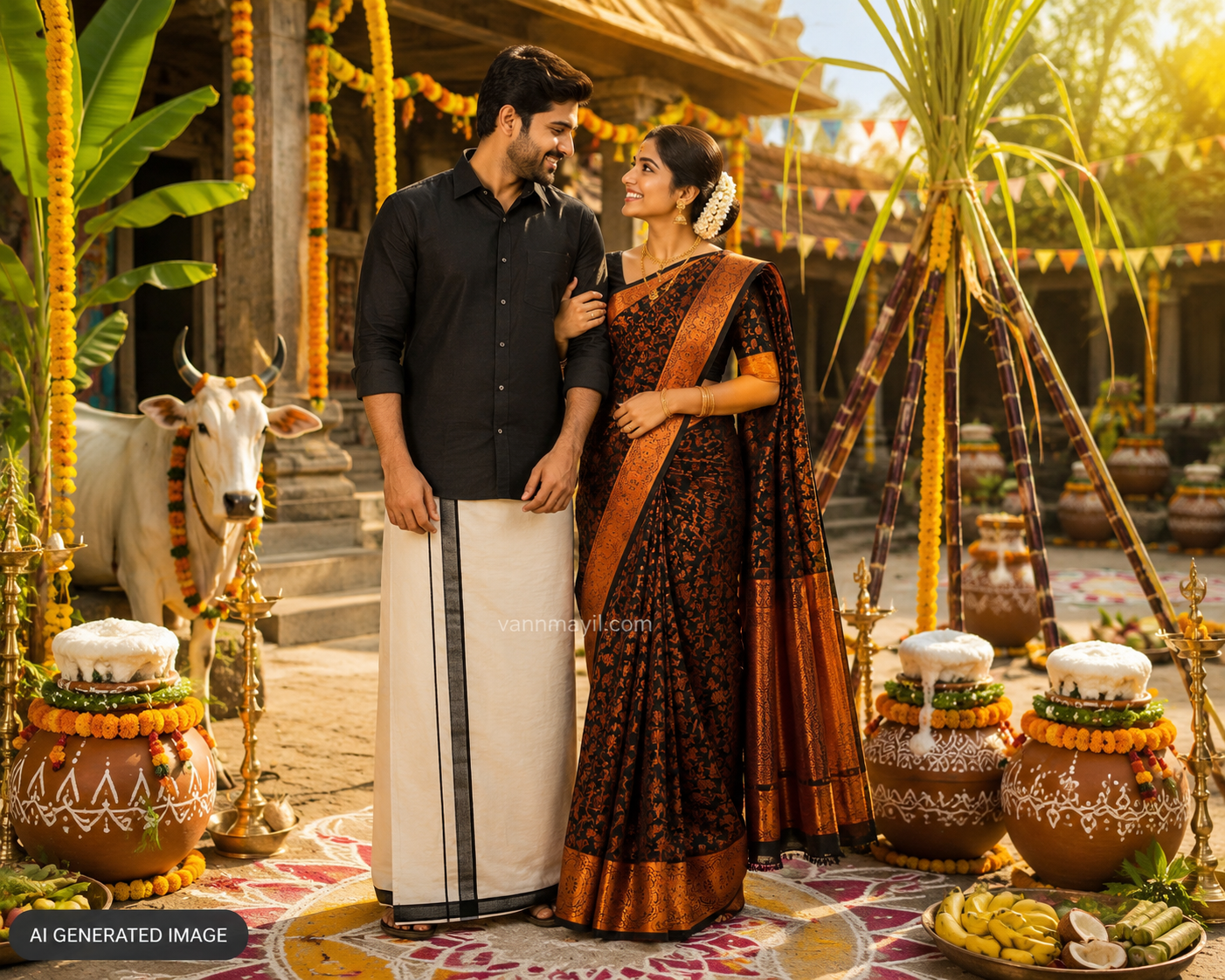 Semi Silk Saree & Cotton Dhoti Shirt - Couple Combo Set