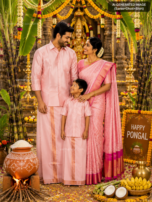 Family Combo - Semi Tissue Saree with Father and Son's Matching Dhoti Shirt