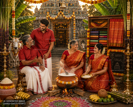 Semi Silk Saree & Cotton Dhoti Shirt - Couple Combo Set