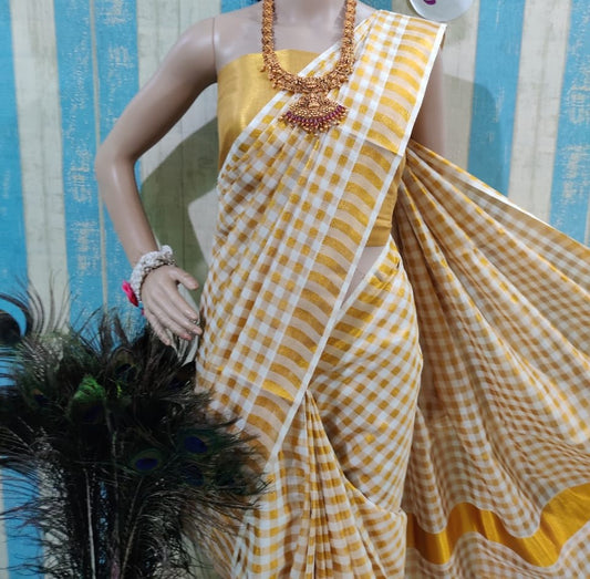 Golden checked kasa silk cotton saree