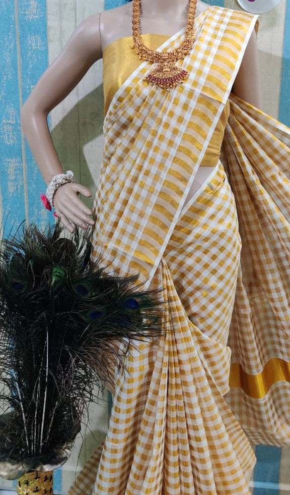 Handwoven Maheshwari Silk Cotton Saree in Yellow and Gold with checks | Cotton  saree, Designer blouses online, Silk cotton sarees