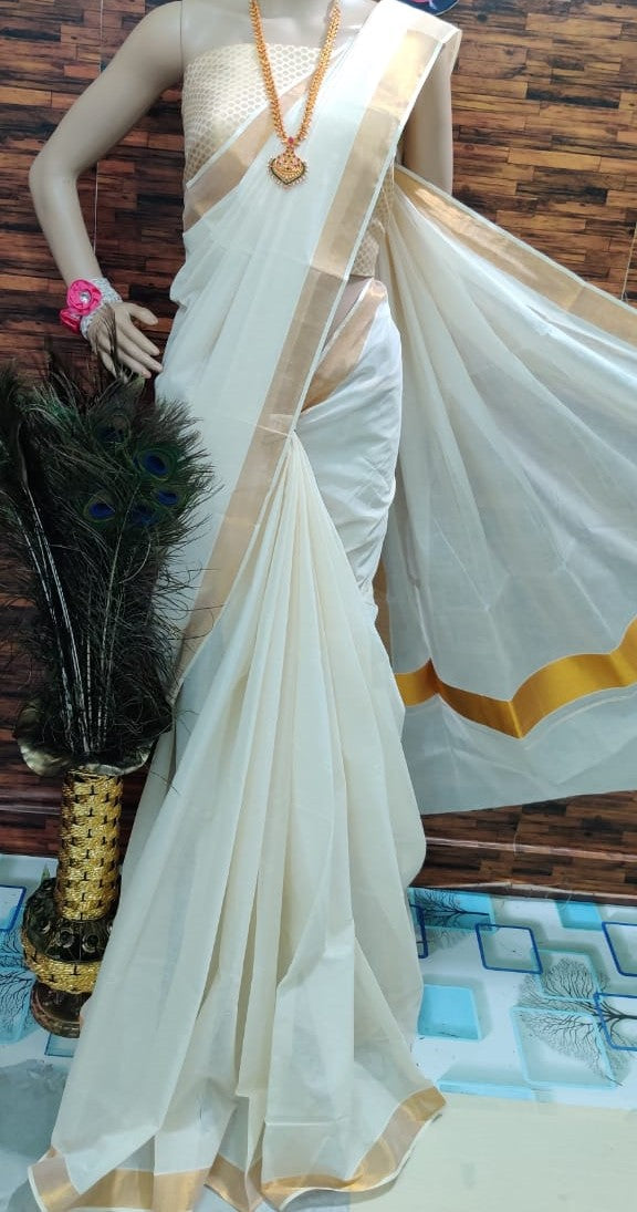 Party Wear White Base Kerala Cotton Saree, With Blouse at Rs 300/piece in  Chengalpattu