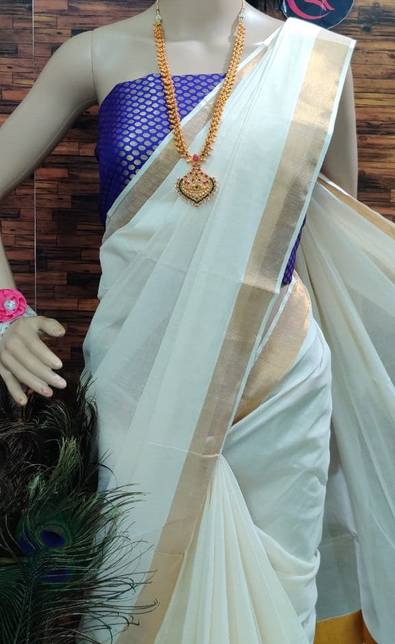 Devesh Fashion Women's Kerala Kasavu Plain Cotton Saree (6.25m) With  Running Blouse (0.8m) - Plain White Kerala Saree (Onam Saree) Border:  (Golden Zari Border) - Rawat Store