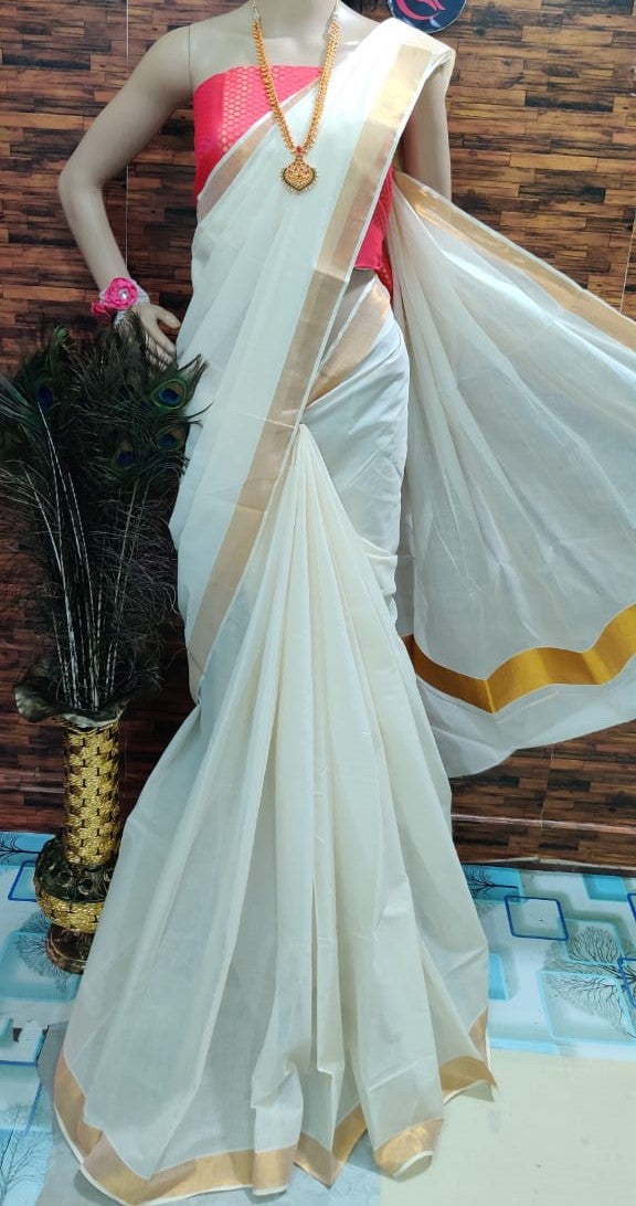 Golden zari kerala cotton saree