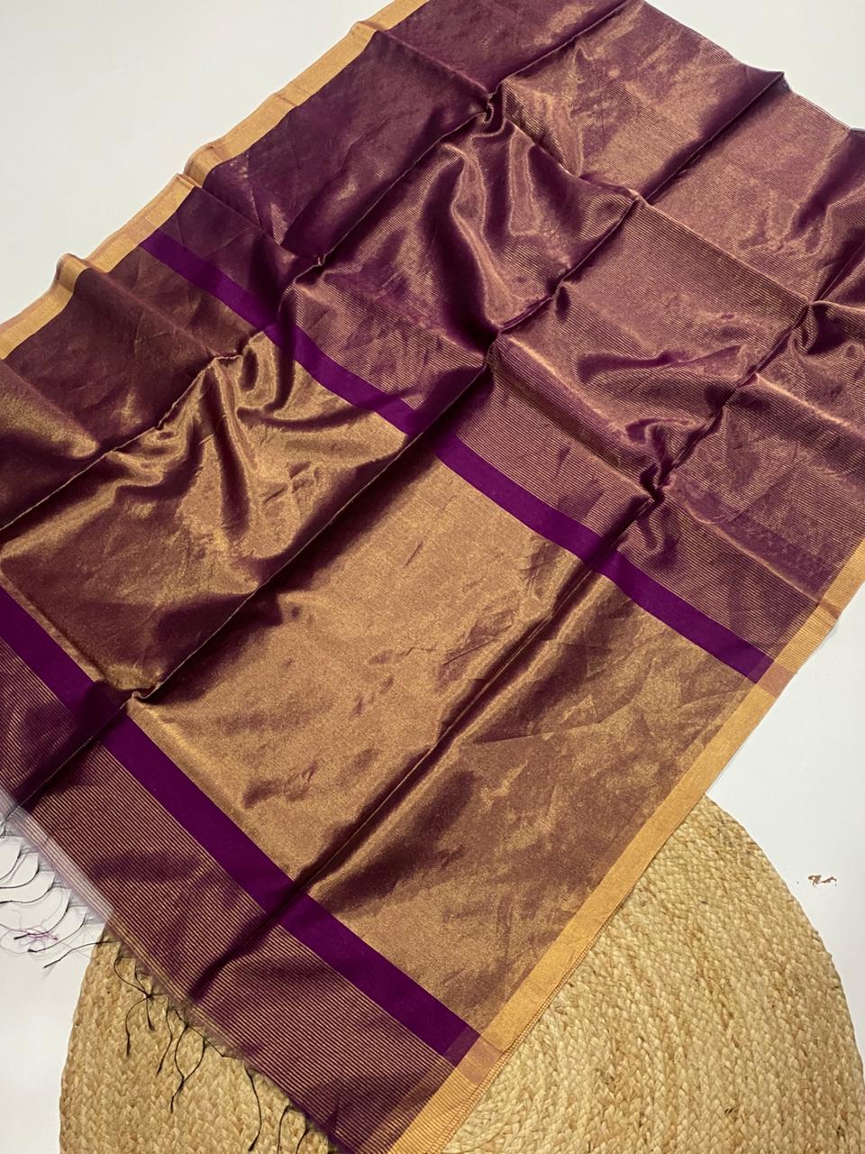 Tissue Maheshwari handwoven zari border silk by cotton saree