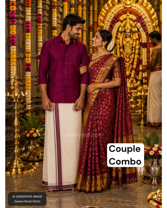 Semi Silk Saree & Cotton Dhoti Shirt - Couple Combo Set