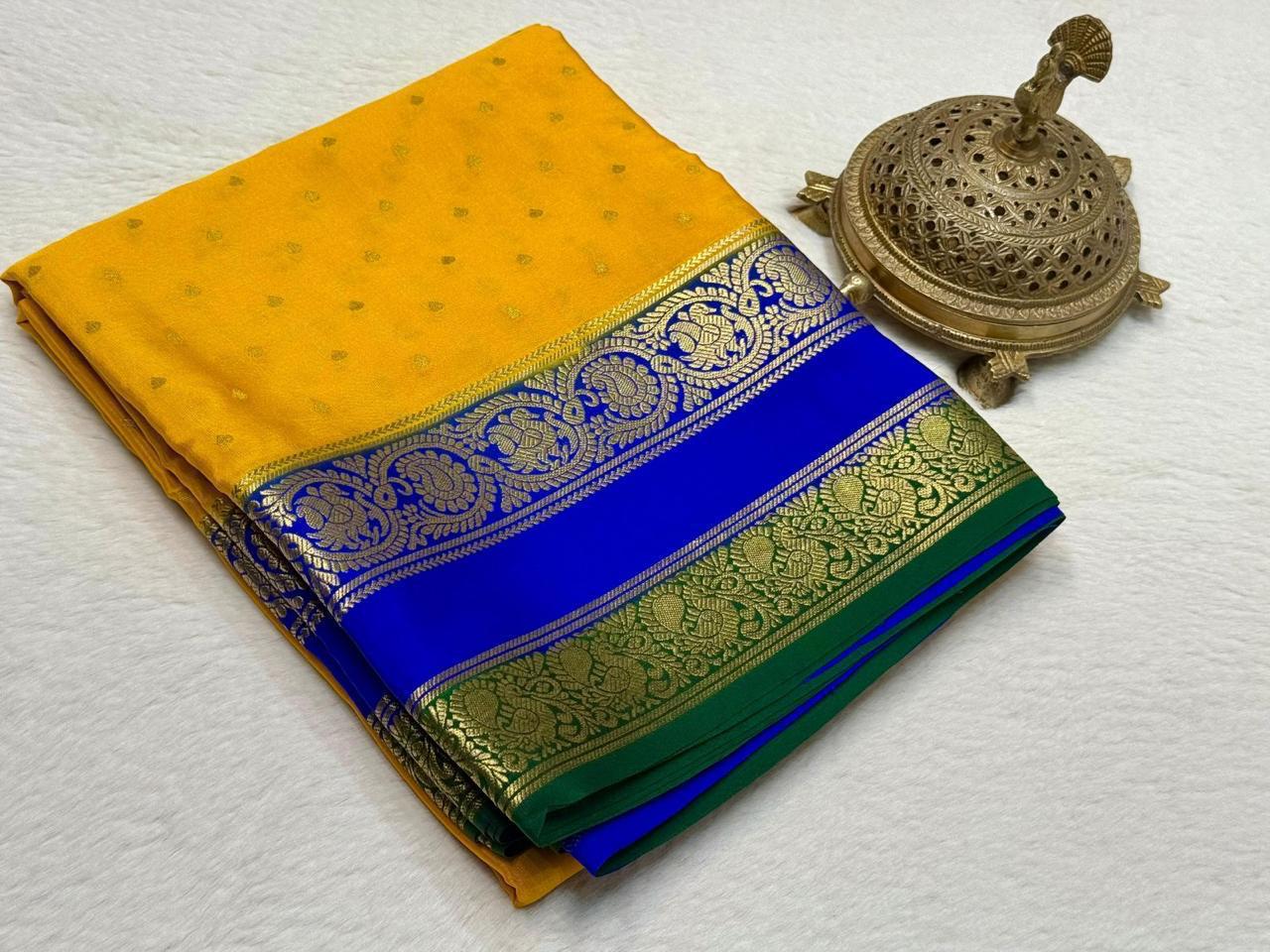 Pure Mysore Silk Motif and Checked Pattern Saree