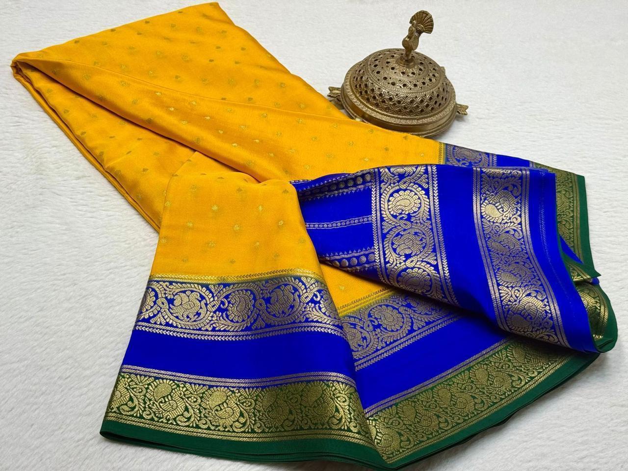 Pure Mysore Silk Motif and Checked Pattern Saree