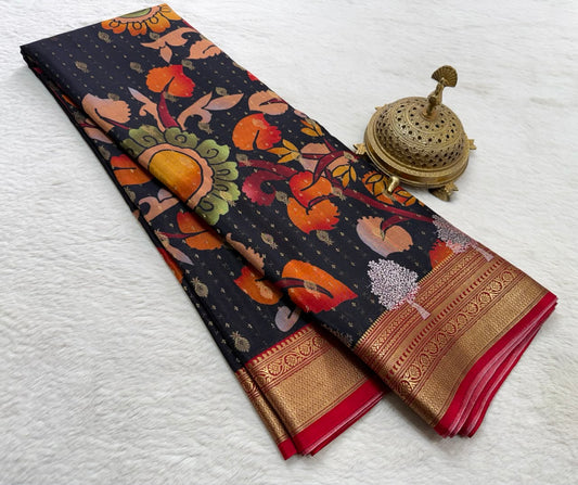 Pure floral shaded hand painted printed crepe mysore silk saree