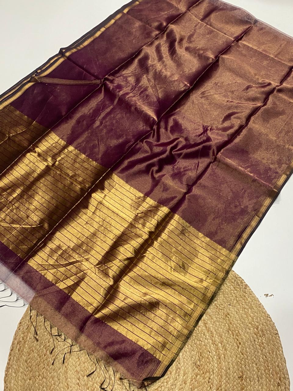 Tissue Maheshwari handwoven zari border silk by cotton saree
