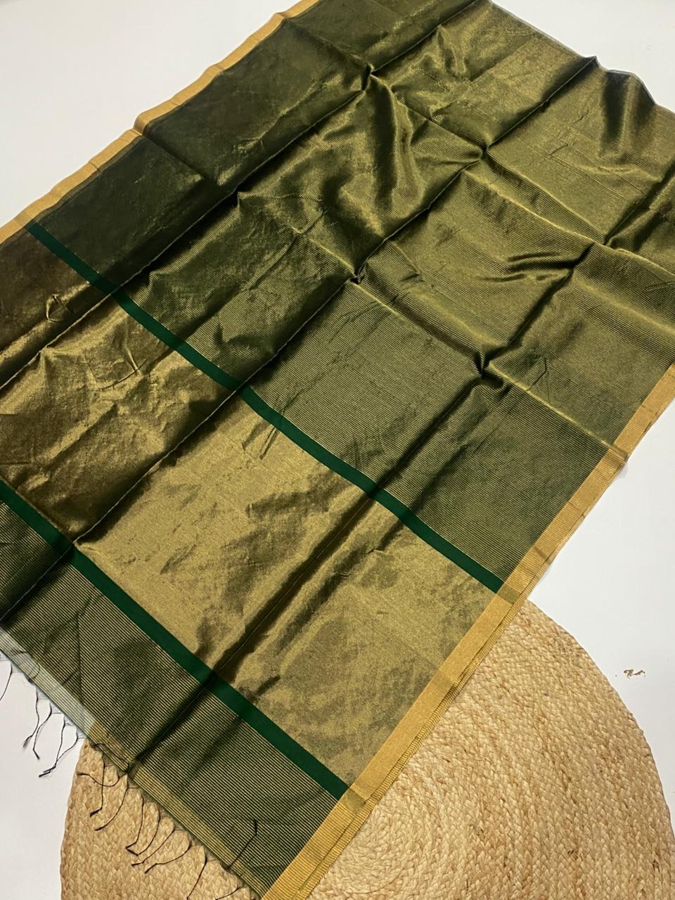Tissue Maheshwari handwoven zari border silk by cotton saree