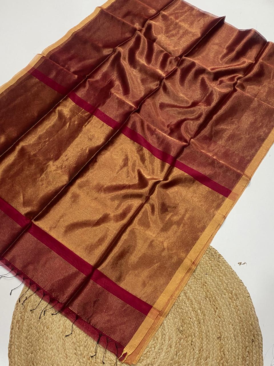 Tissue Maheshwari handwoven zari border silk by cotton saree
