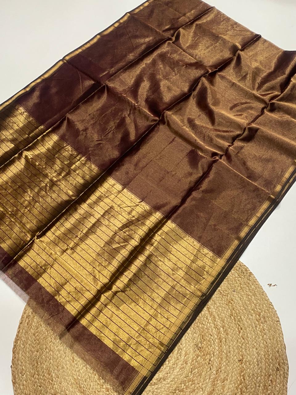 Tissue Maheshwari handwoven zari border silk by cotton saree