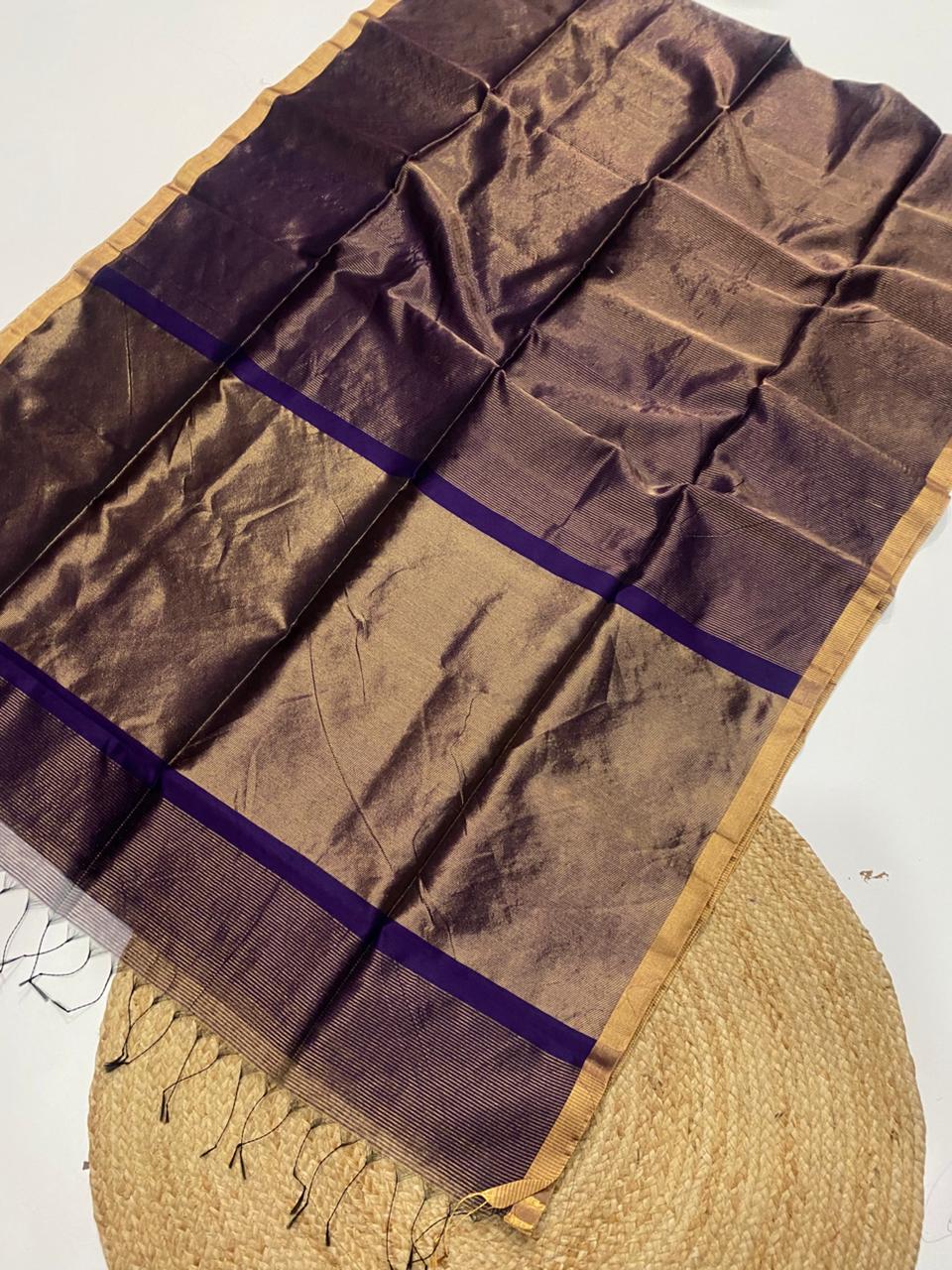 Tissue Maheshwari handwoven zari border silk by cotton saree