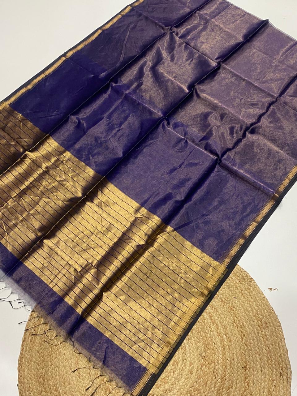 Tissue Maheshwari handwoven zari border silk by cotton saree