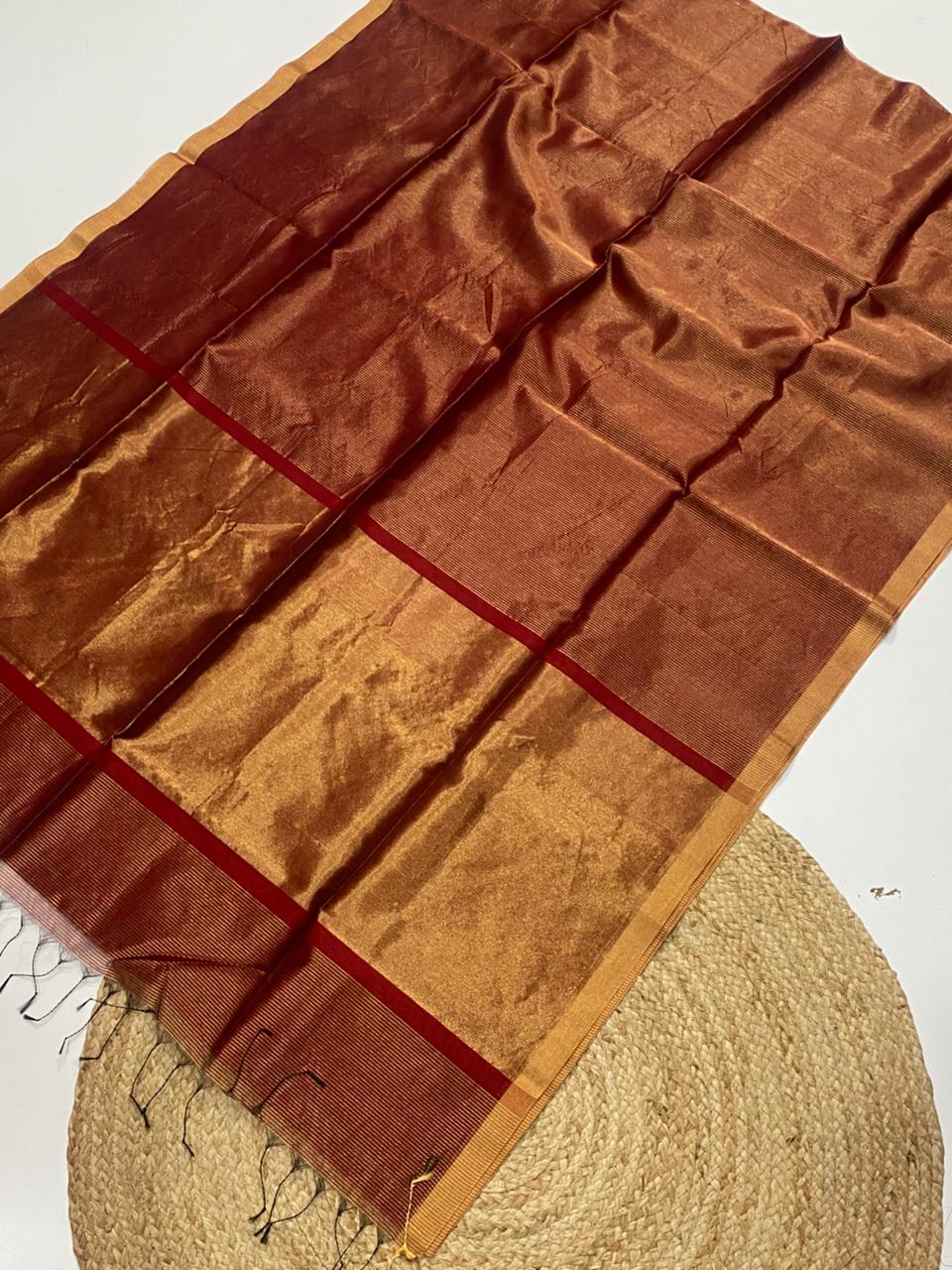 Tissue Maheshwari handwoven zari border silk by cotton saree
