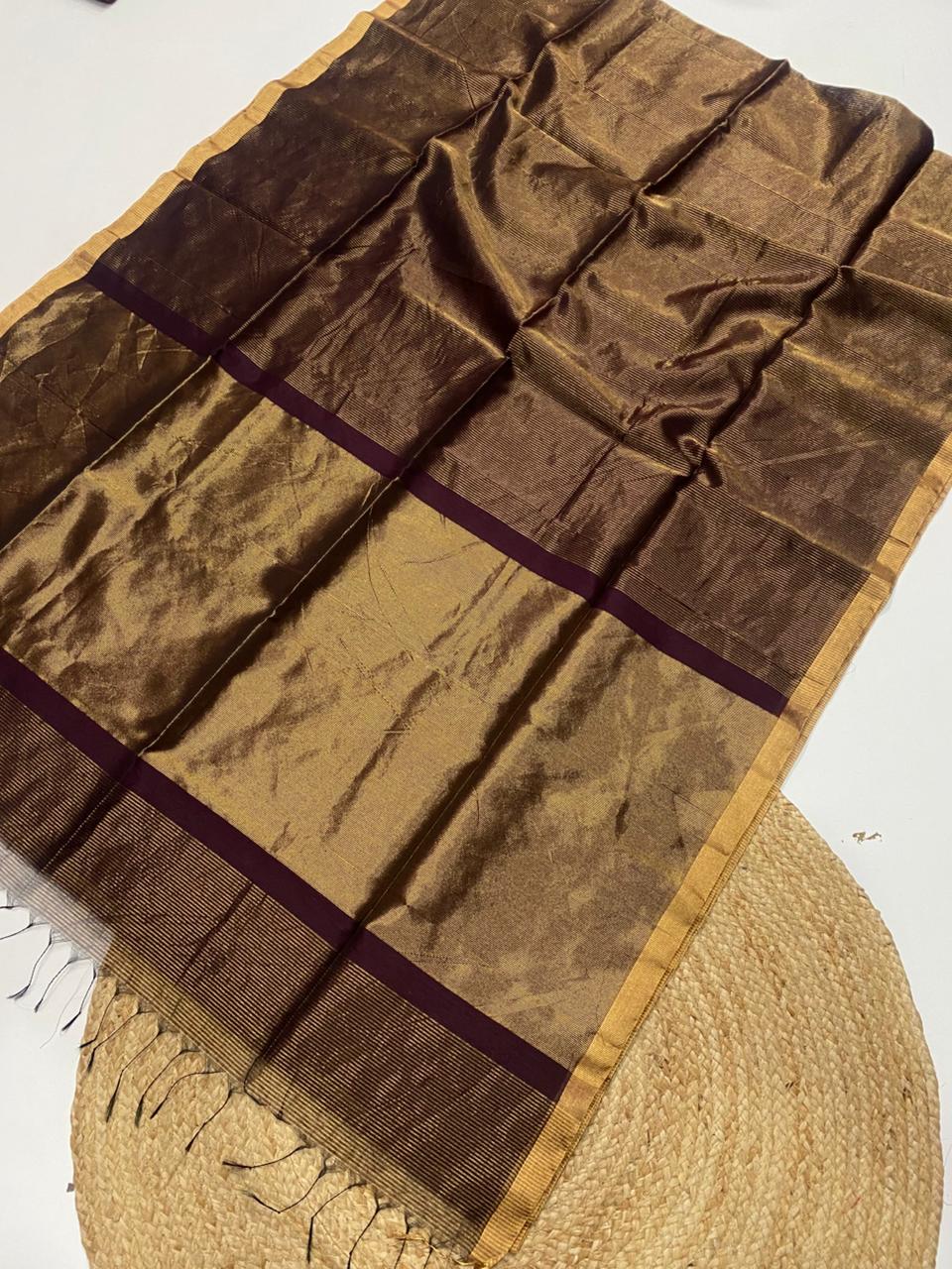 Tissue Maheshwari handwoven zari border silk by cotton saree