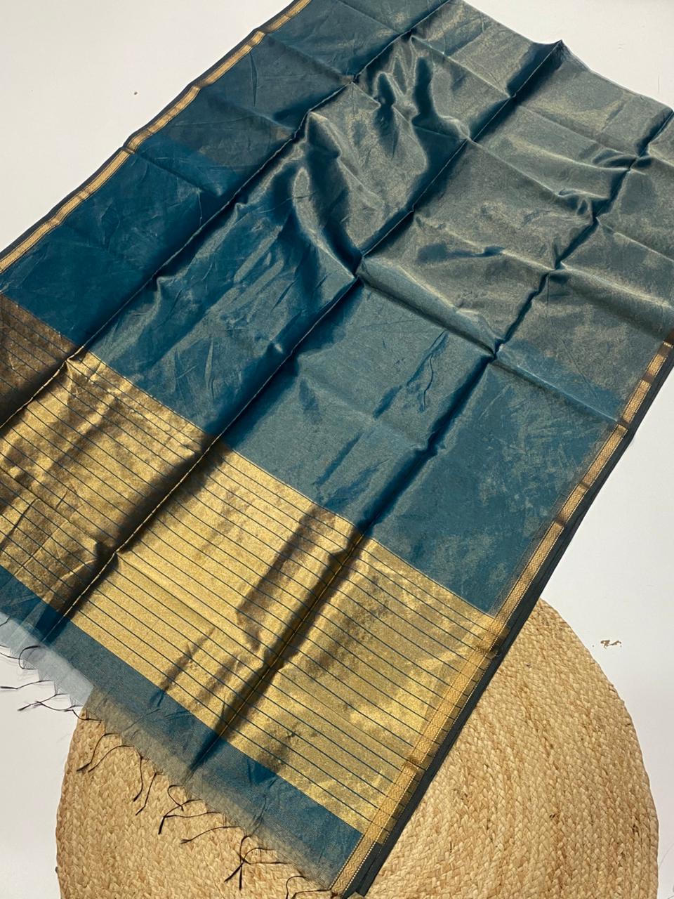 Tissue Maheshwari handwoven zari border silk by cotton saree