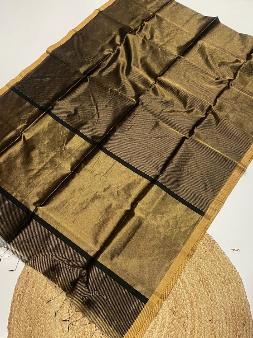 Tissue Maheshwari handwoven zari border silk by cotton saree