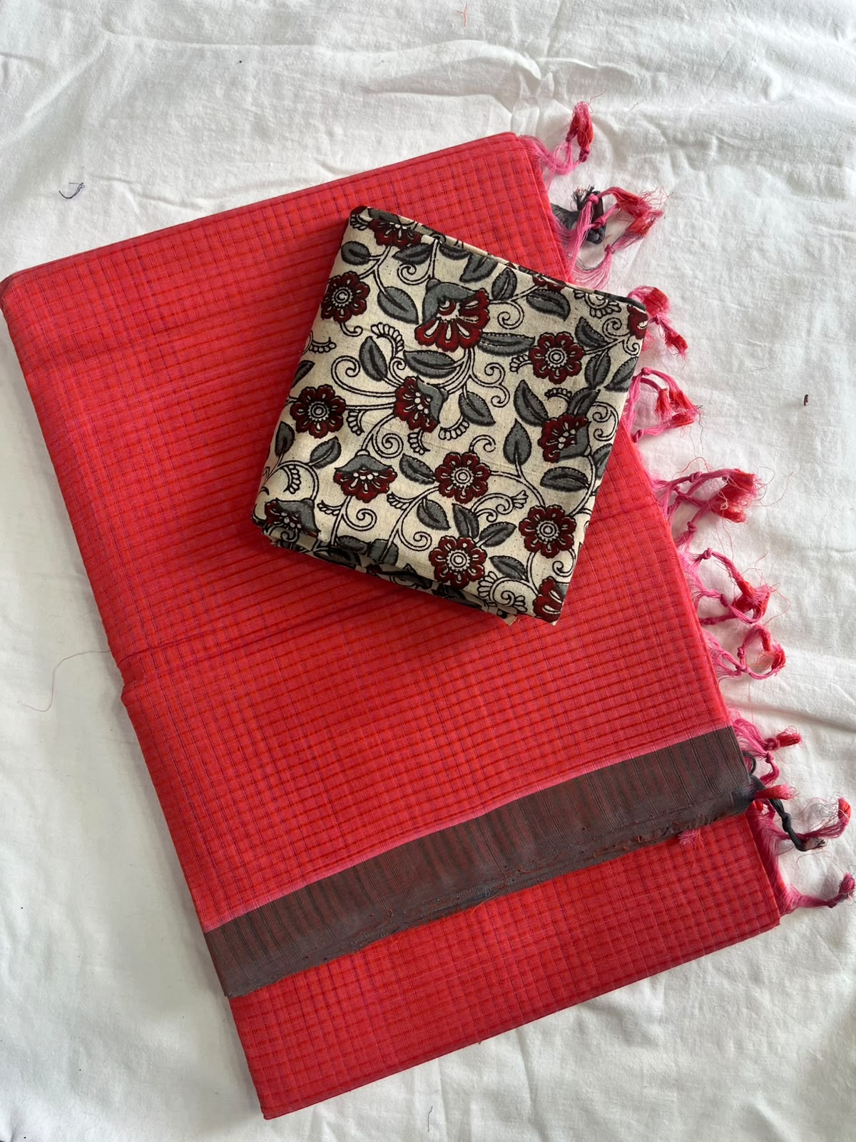 Mangalagiri cotton missing checked saree with double blouse