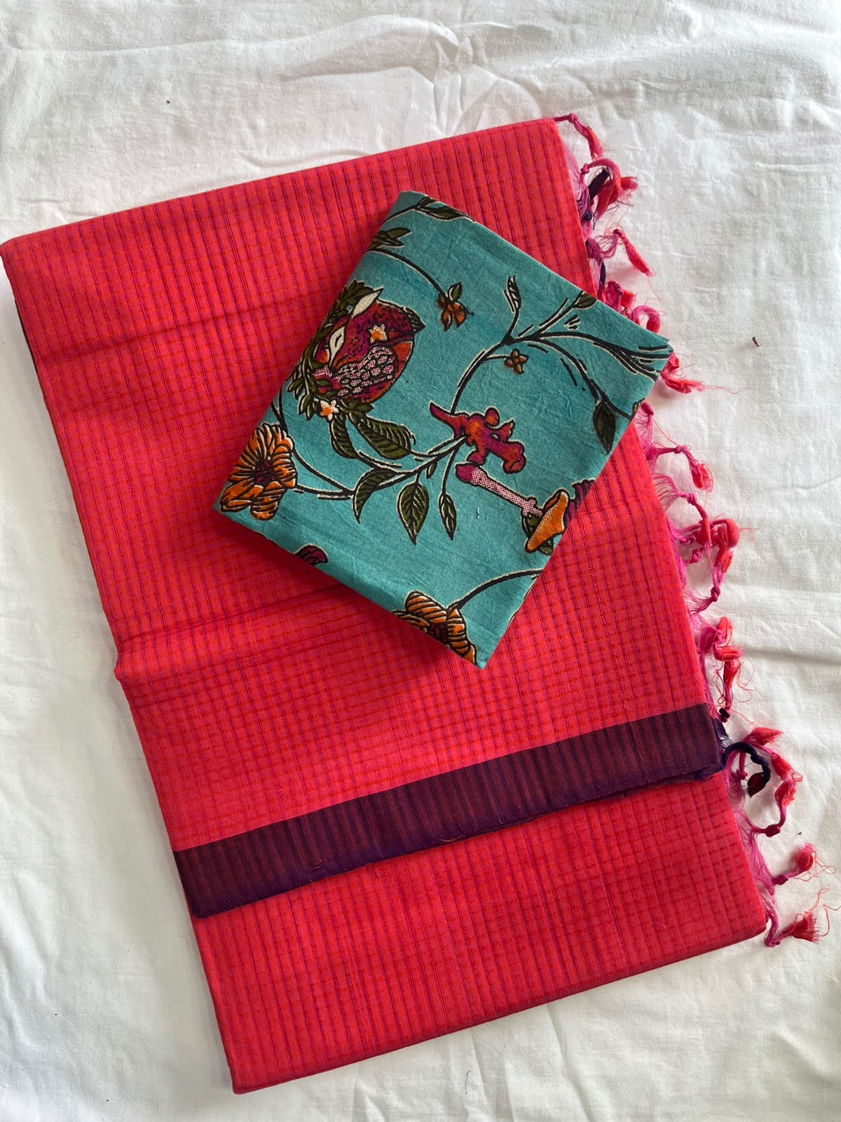 Mangalagiri cotton missing checked saree with double blouse
