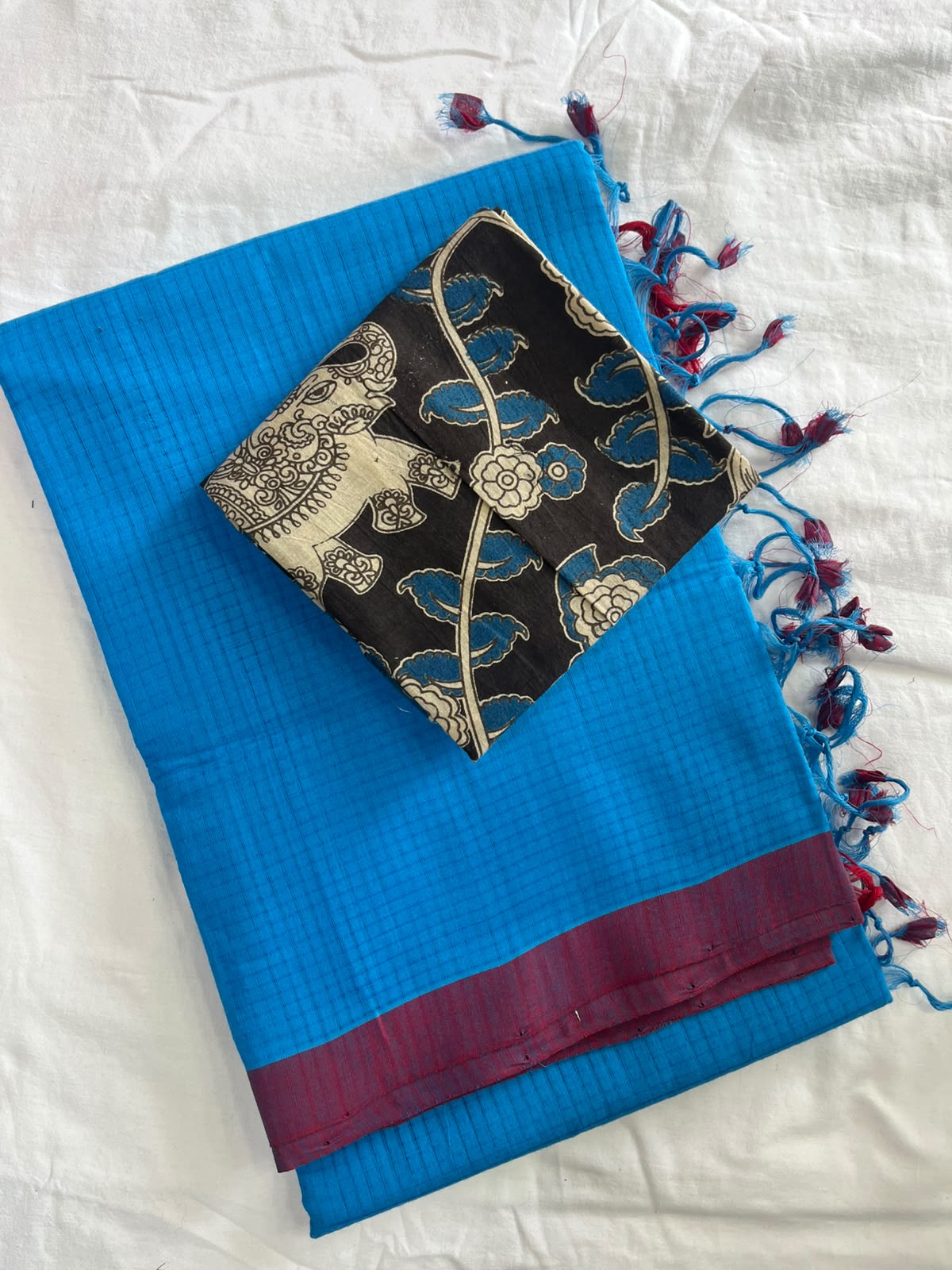 Mangalagiri cotton missing checked saree with double blouse