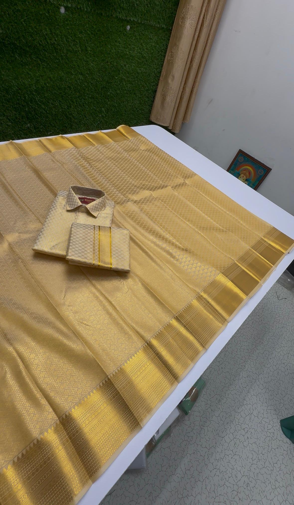 Semi Silk Saree & Tissue Pattu Dhoti Set - Couple Combo