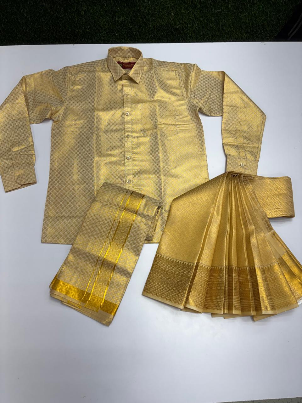 Semi Silk Saree & Tissue Pattu Dhoti Set - Couple Combo