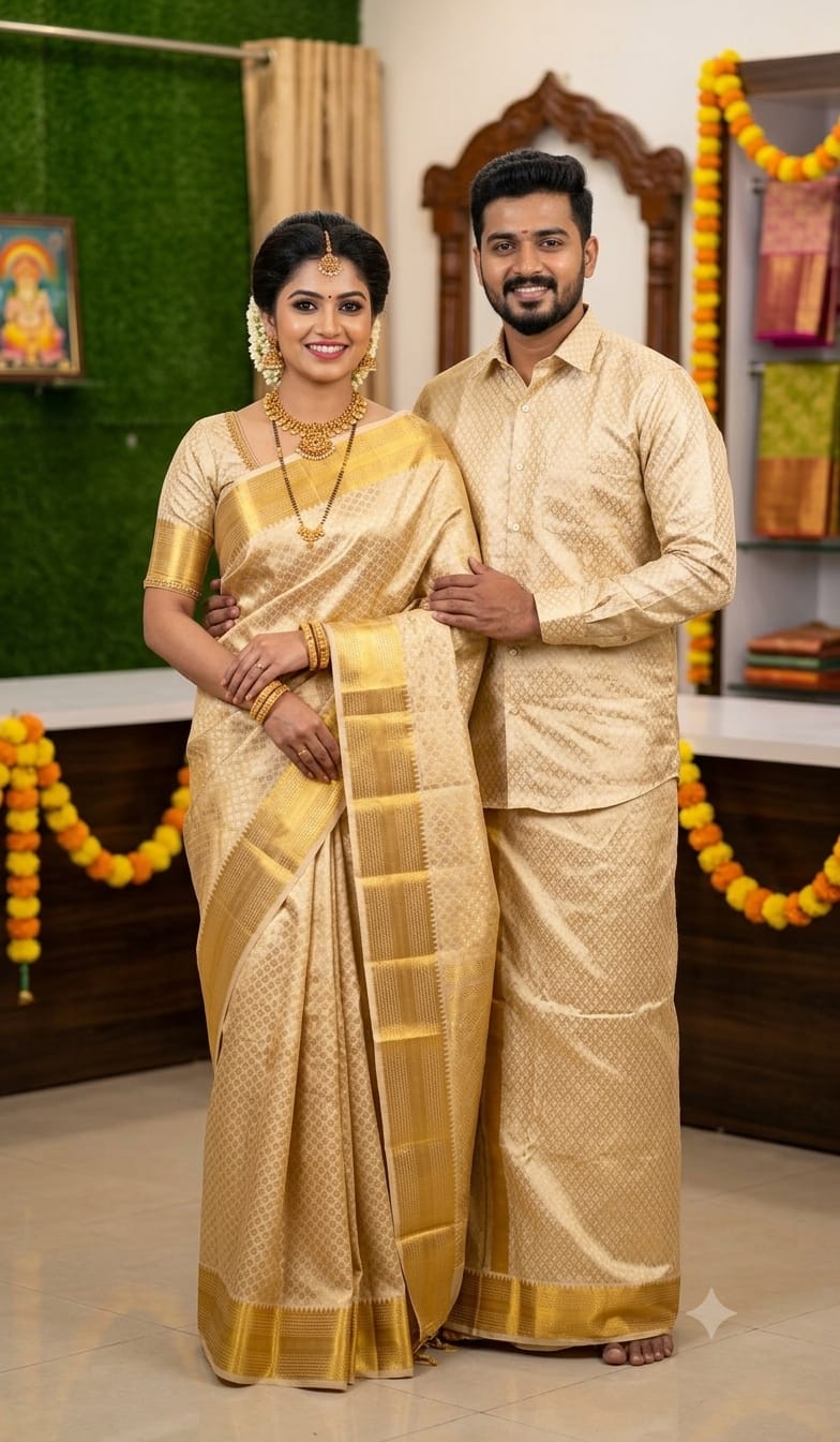 Semi Silk Saree & Tissue Pattu Dhoti Set - Couple Combo