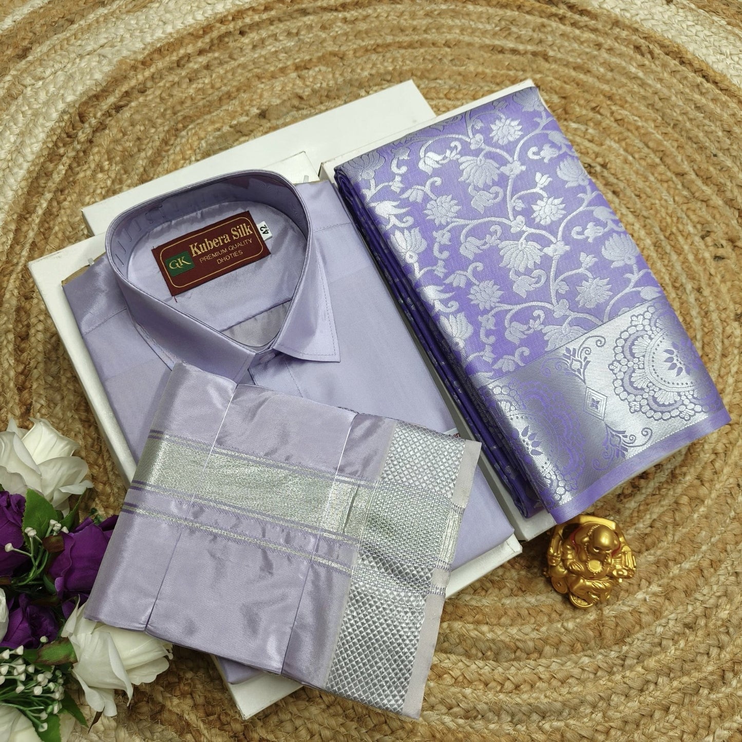Semi Silk Saree & Semi Silk Dhoti Set - Couple Combo - Design 001