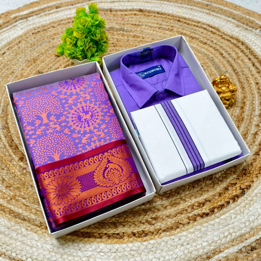 Semi Silk Saree & Cotton Dhoti Shirt - Couple Combo Set