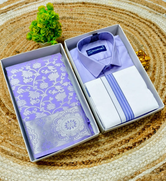 Semi Silk Saree & Cotton Dhoti Shirt - Couple Combo Set