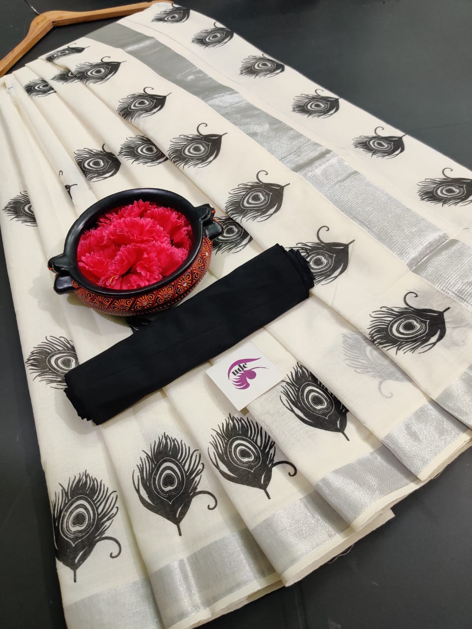 Kerala Tissue Saree With Black Woven Border And Silver Kasavu