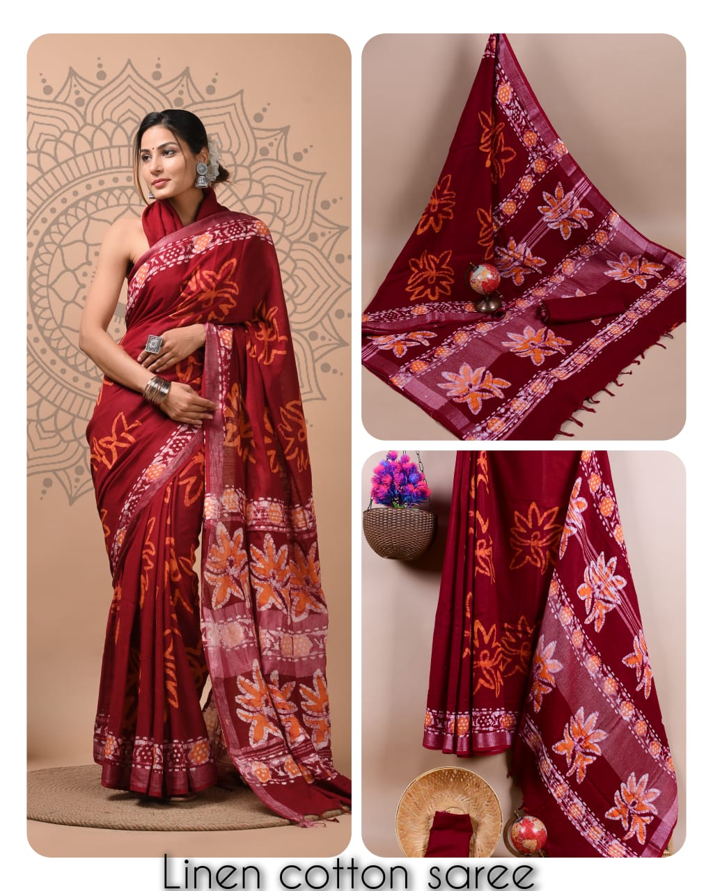 Ajrakh prints kolkata linen cotton saree