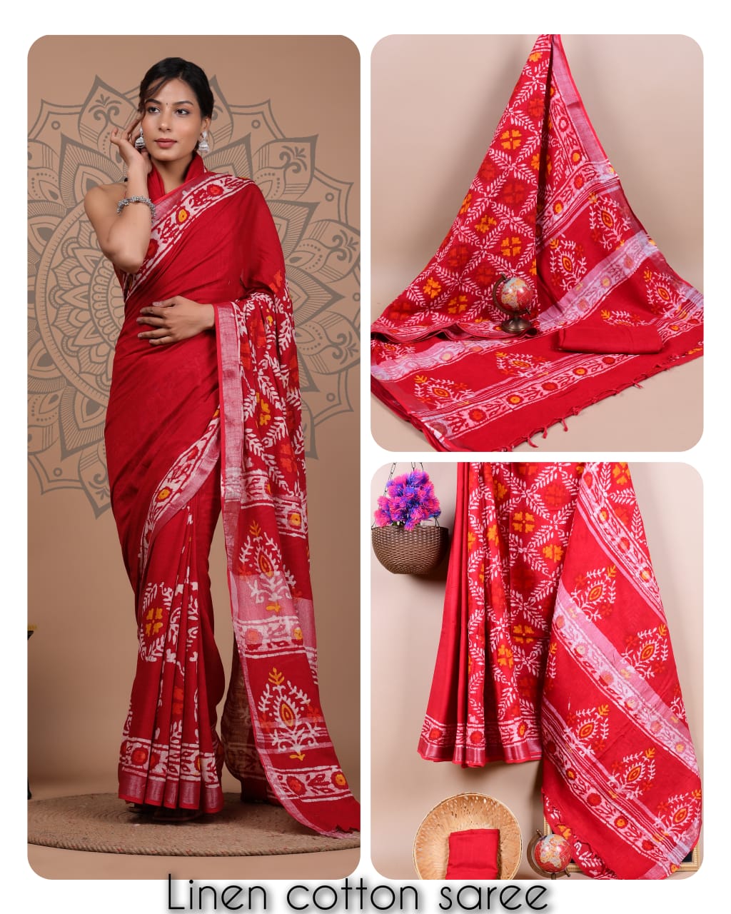 Ajrakh prints kolkata linen cotton saree