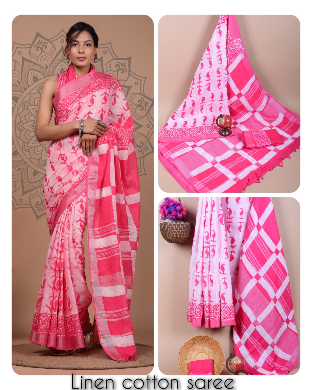 Ajrakh prints kolkata linen cotton saree