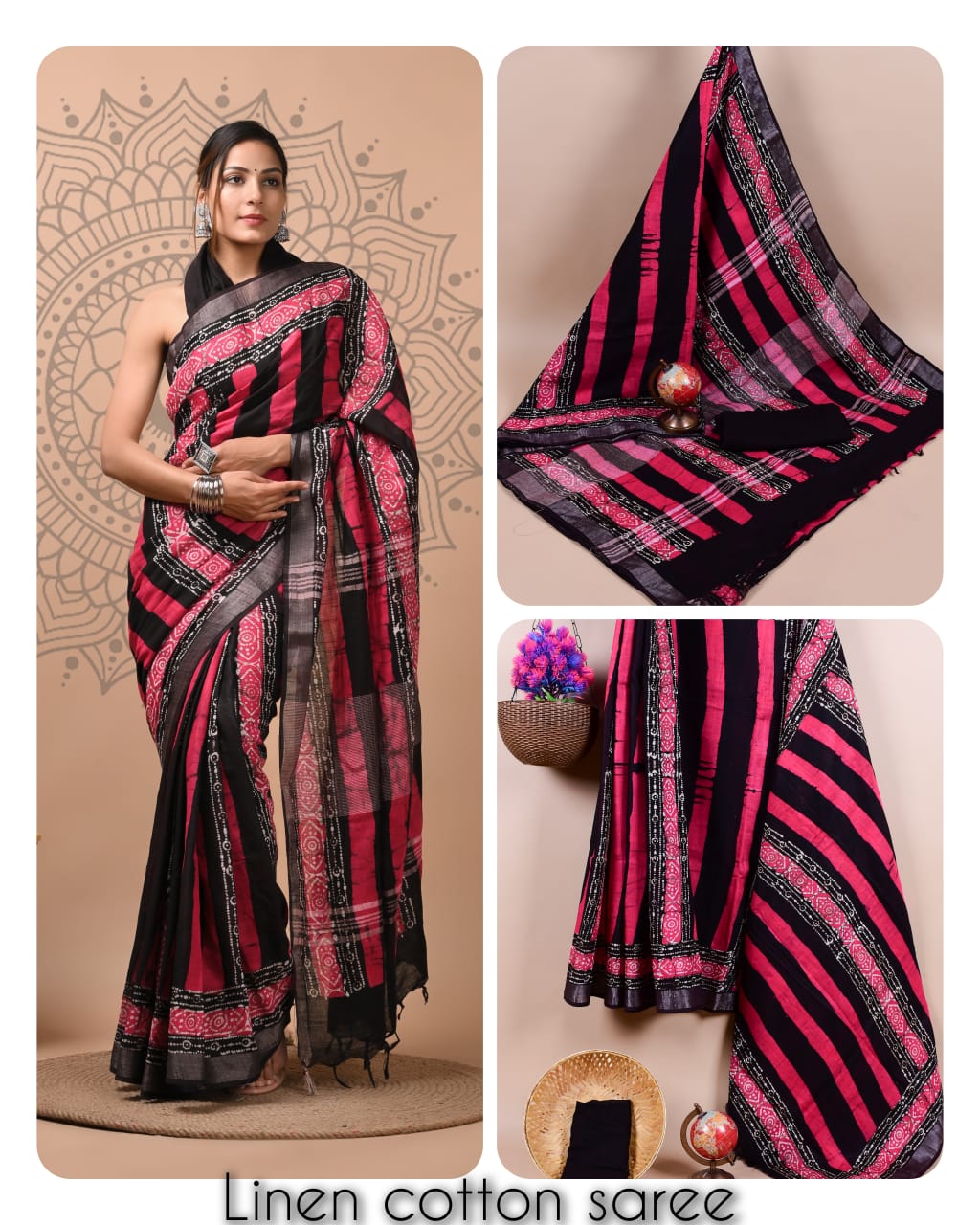 Ajrakh prints kolkata linen cotton saree