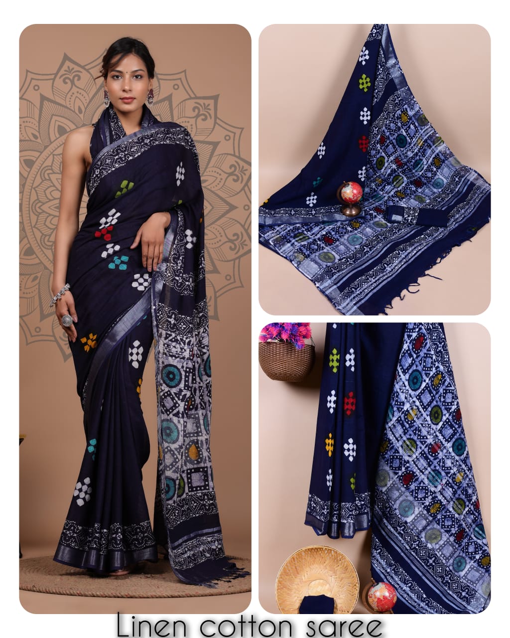 Ajrakh prints kolkata linen cotton saree