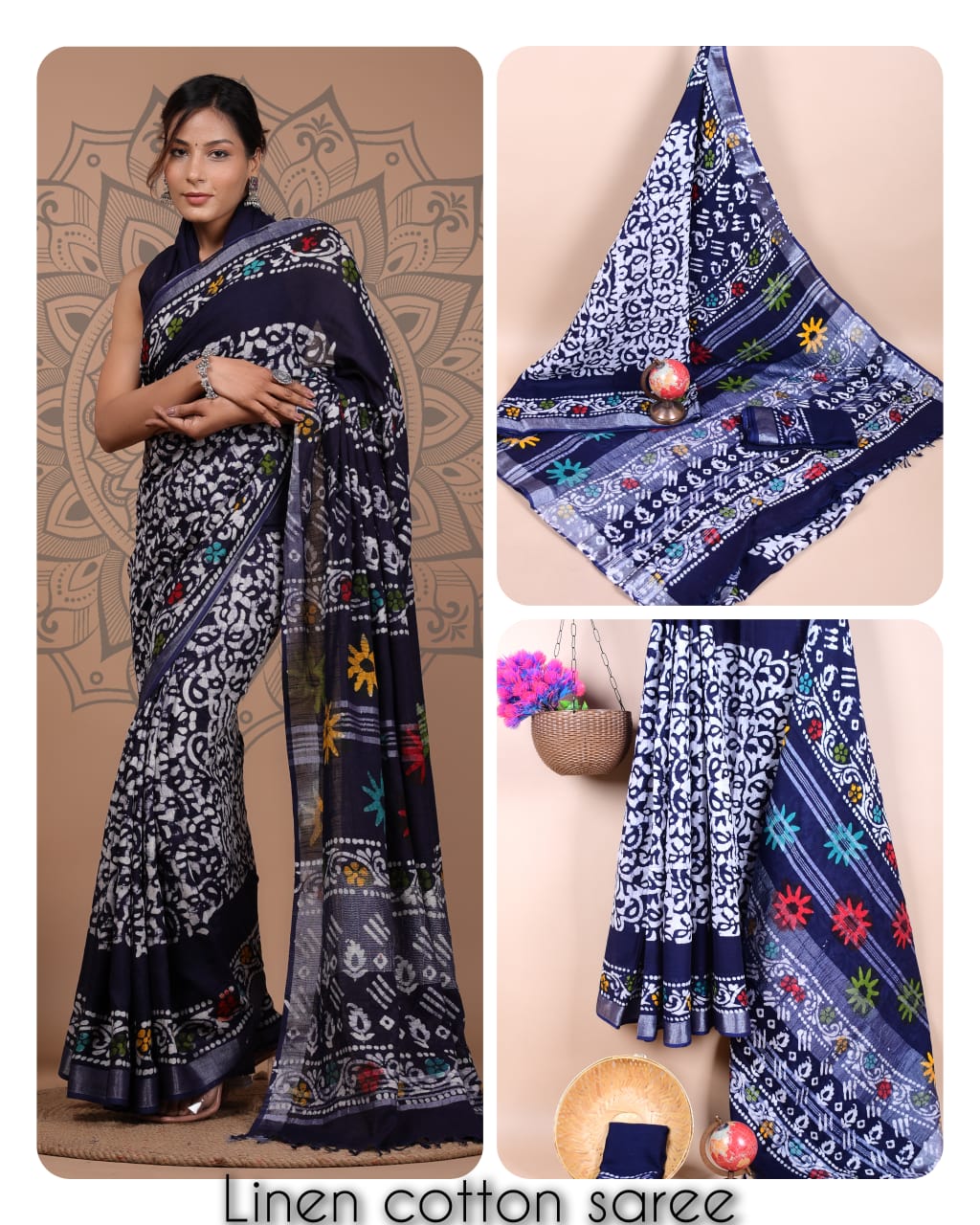 Ajrakh prints kolkata linen cotton saree