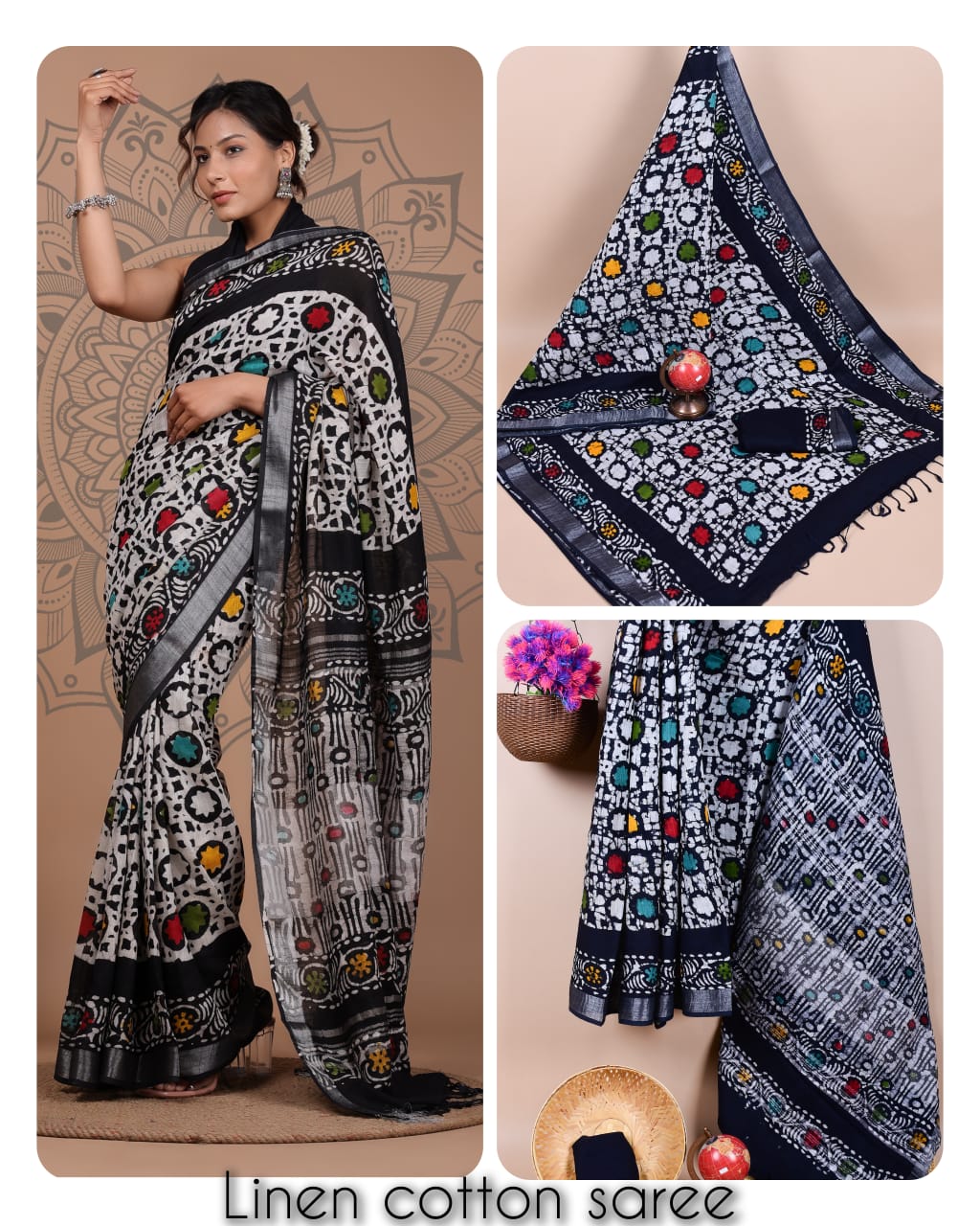 Ajrakh prints kolkata linen cotton saree