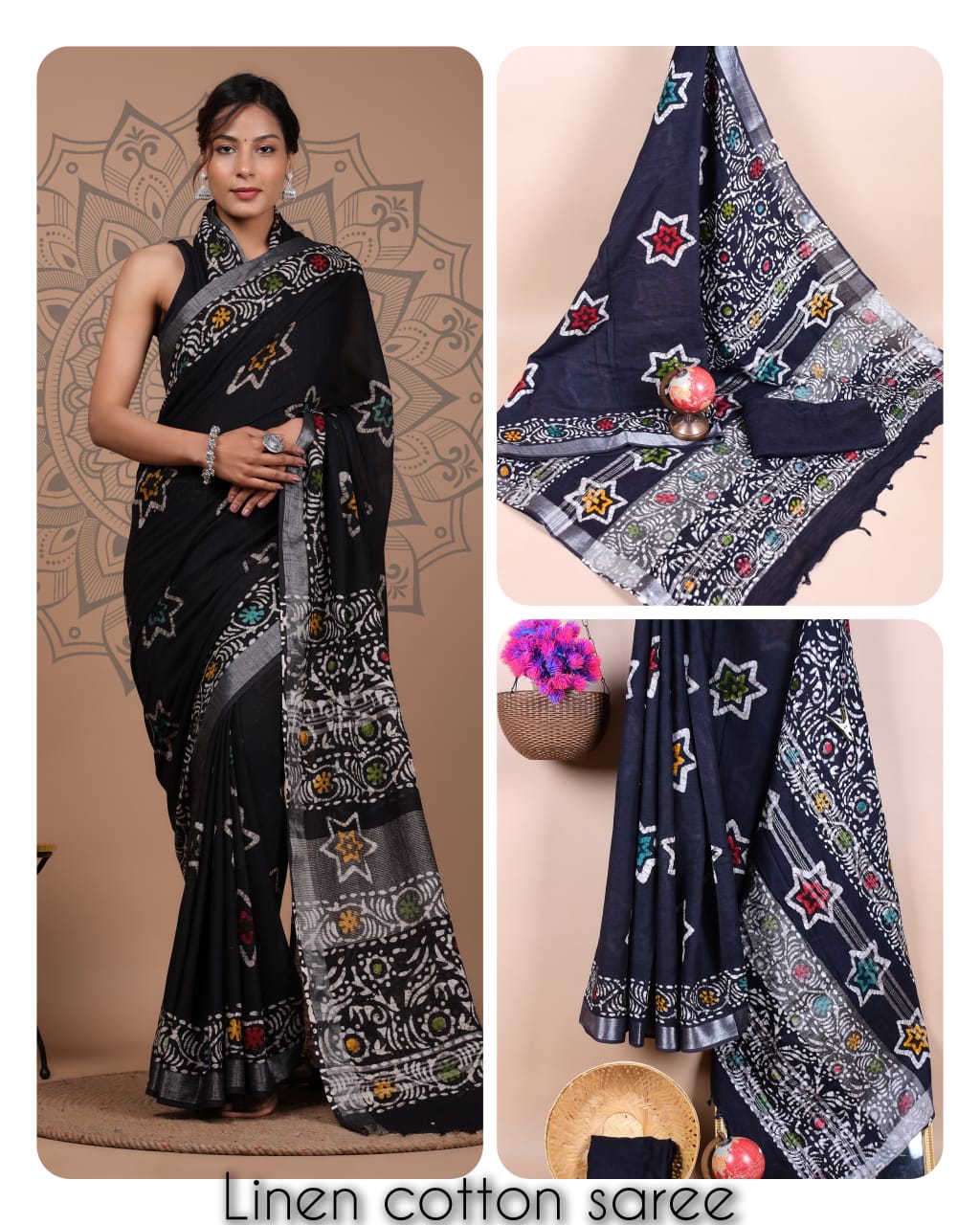 Ajrakh prints kolkata linen cotton saree