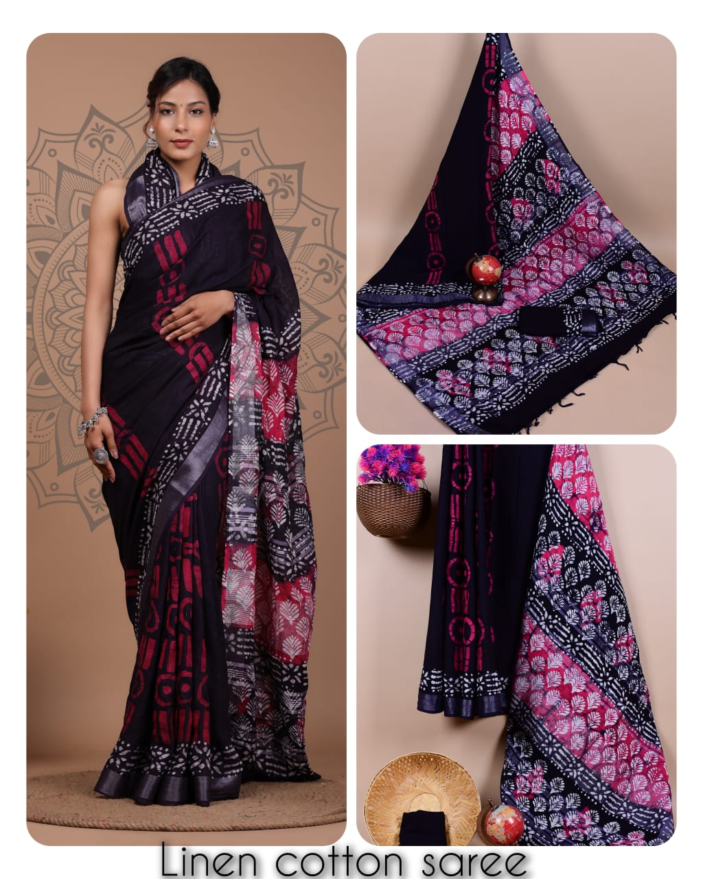 Ajrakh prints kolkata linen cotton saree