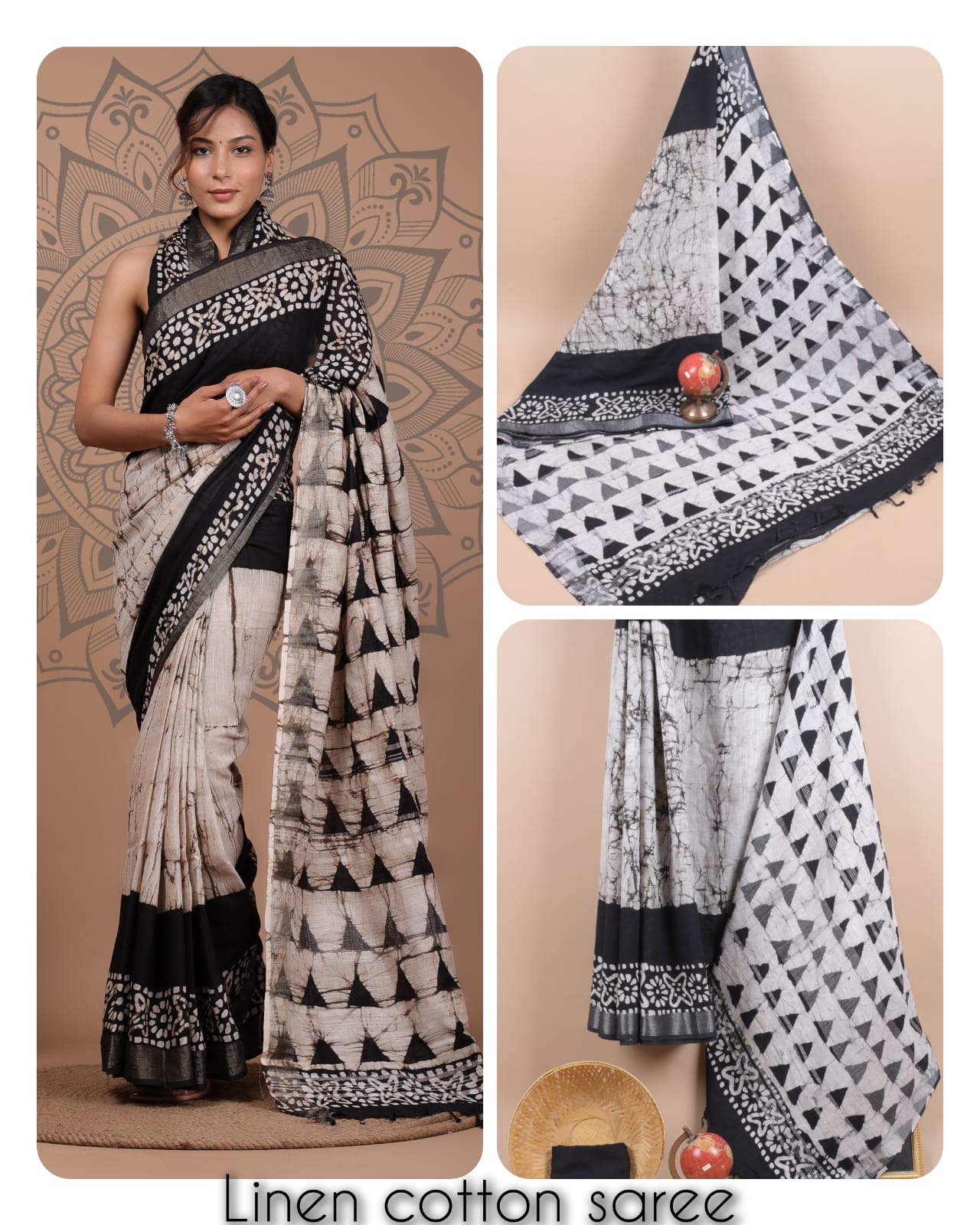 Ajrakh prints kolkata linen cotton saree