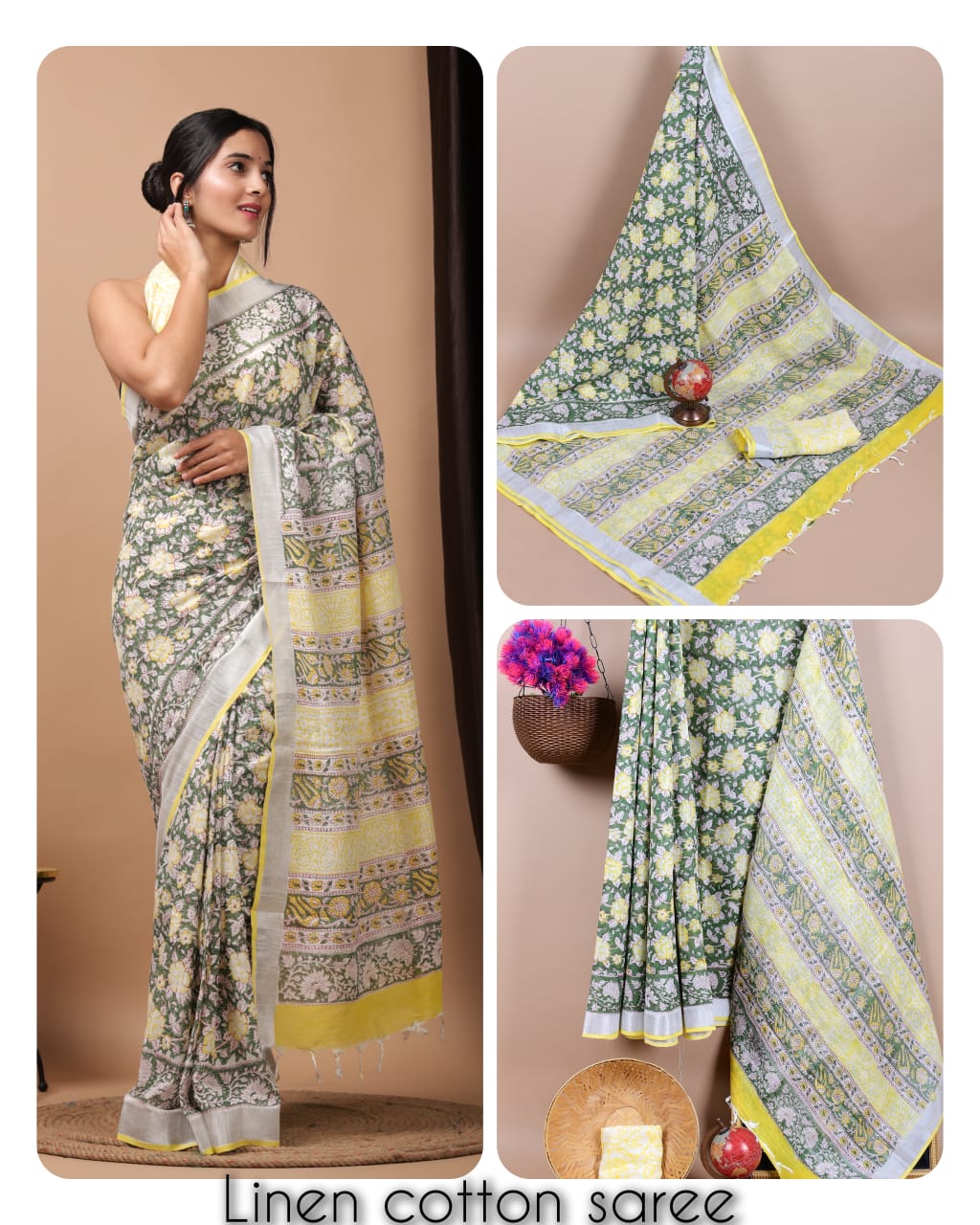 Ajrakh prints kolkata linen cotton saree