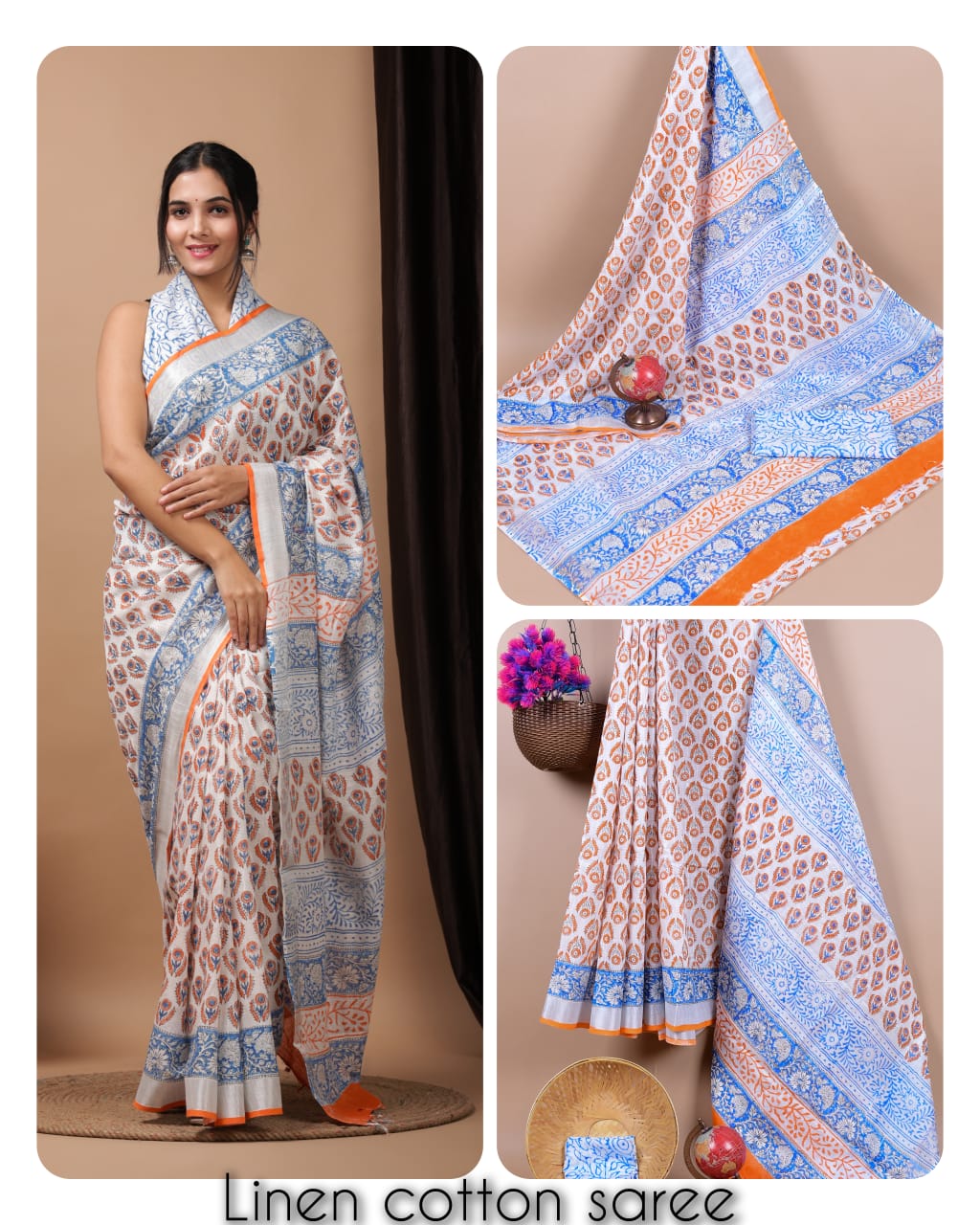 Ajrakh prints kolkata linen cotton saree