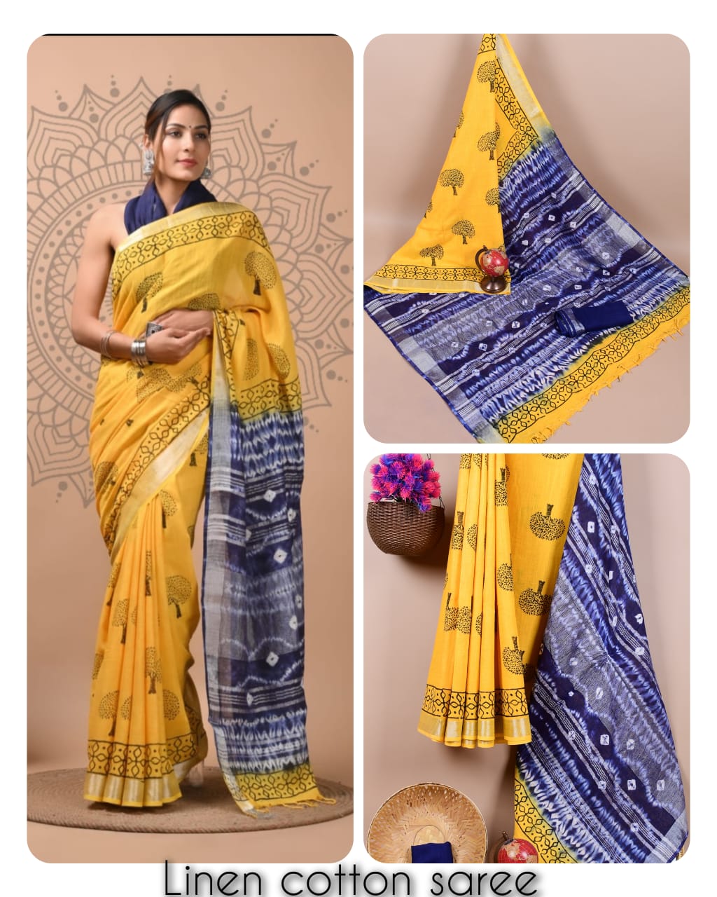 Ajrakh prints kolkata linen cotton saree